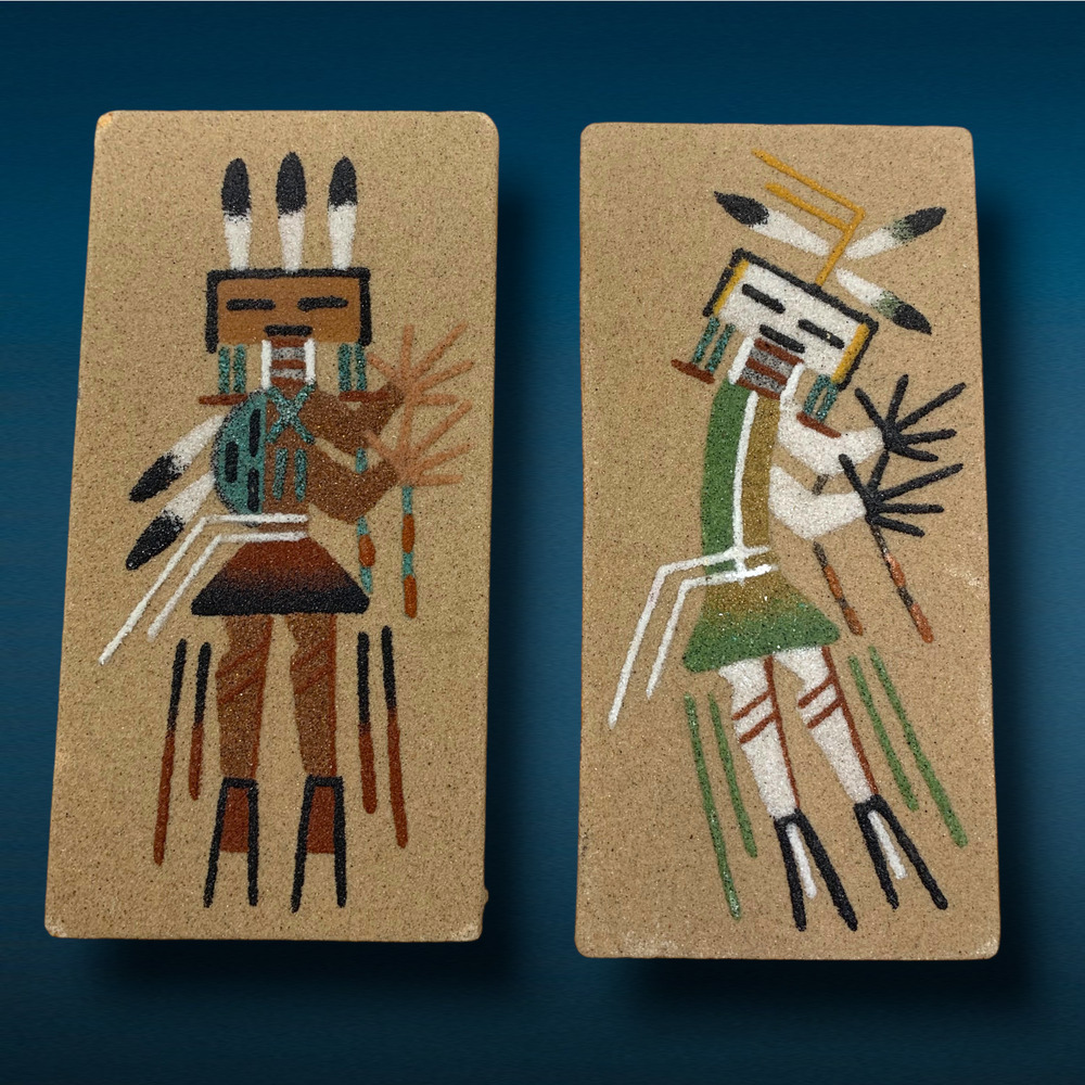 Vintage Navajo Sand Art Plaques W. Benally Camel God Rainbow People Cameron AZ